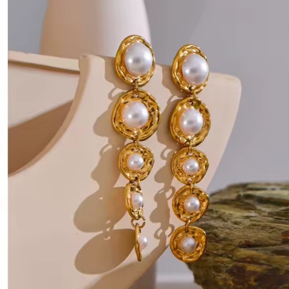 Gold Drop Earrings with Imitation Pearls – Stainless Steel, Real Gold Pl… - Picture 1 of 17